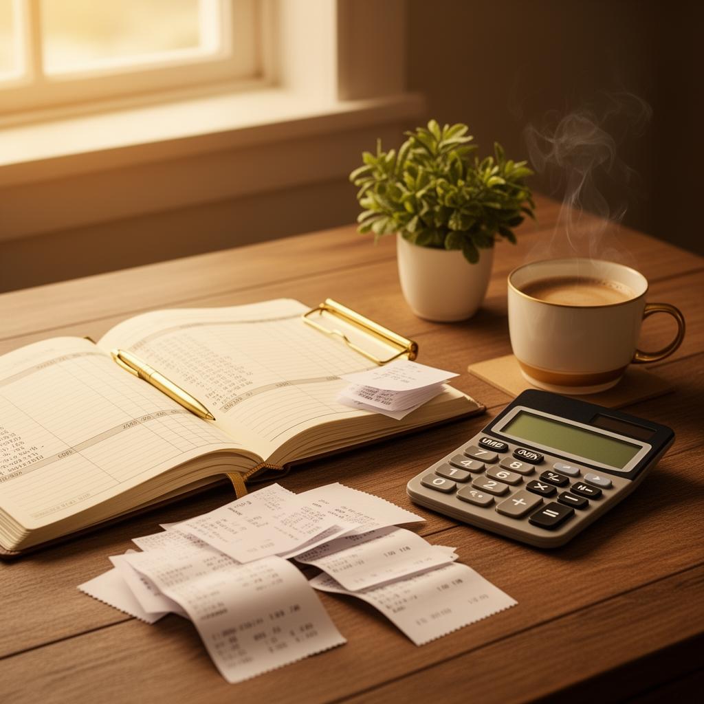 Libreta contable, recibos y café sobre un escritorio cálido