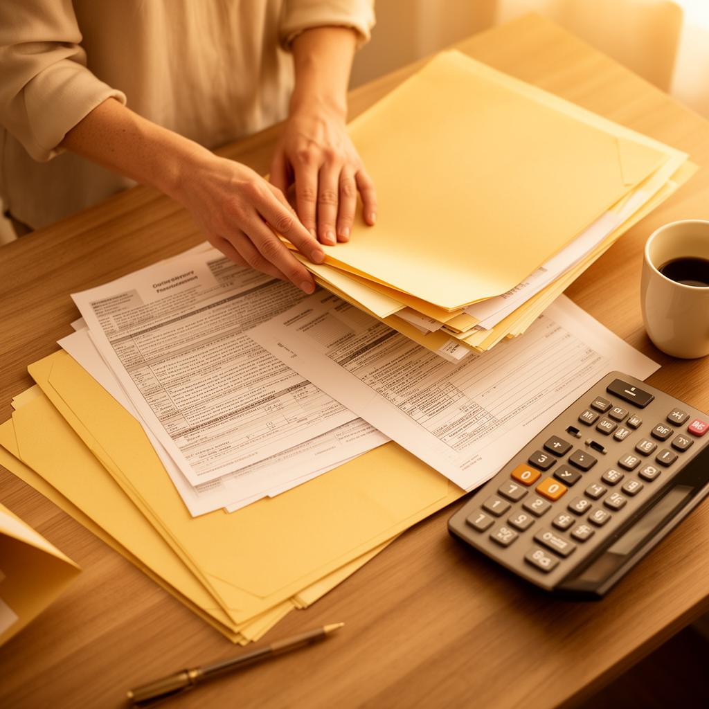 Manos organizando carpetas y formularios de impuestos sobre un escritorio cálido
