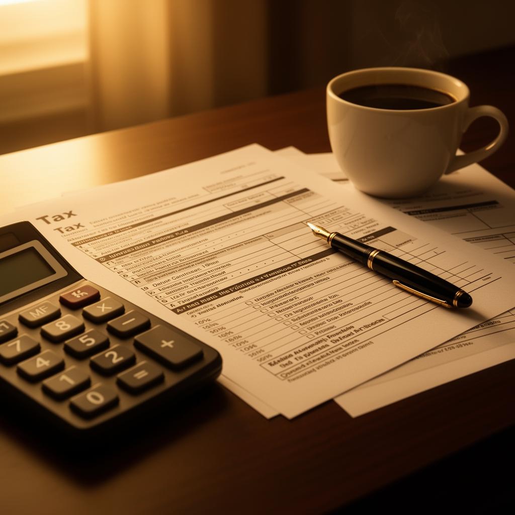 Escritorio cálido con formularios de impuestos, calculadora y café